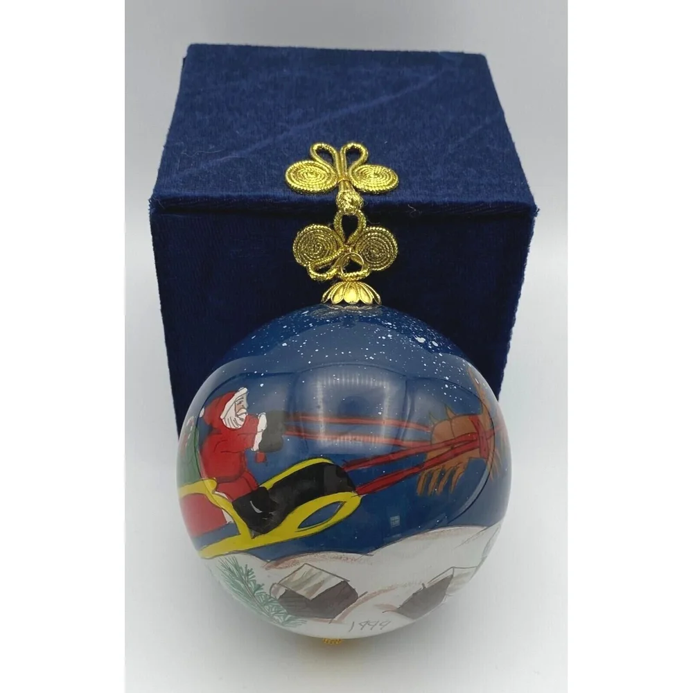Pier 1 Li Bien Hand Painted Santa Sleigh Reindeer 1999 Christmas Glass Ornament